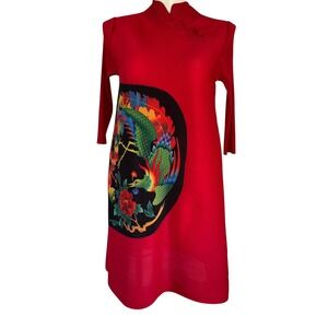 Red Pleated Cheongsam Dress Phoenix Bird‎ Asian Style Mandarin Collar
